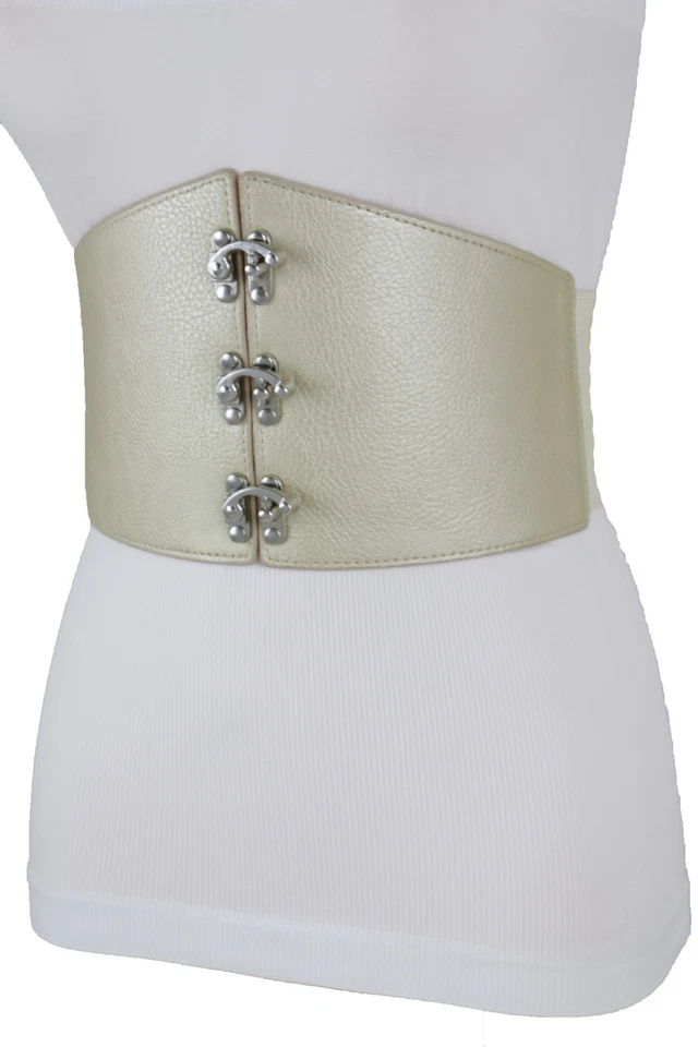 Women Elastic Beige Wide Waistband Champagne Belt Hip High Waist Hook Buckle S M - Image 2 of 4