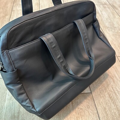 Moleskine Black Leather Laptop Bag w/ Handles Hard Bottom Multiple Compartments