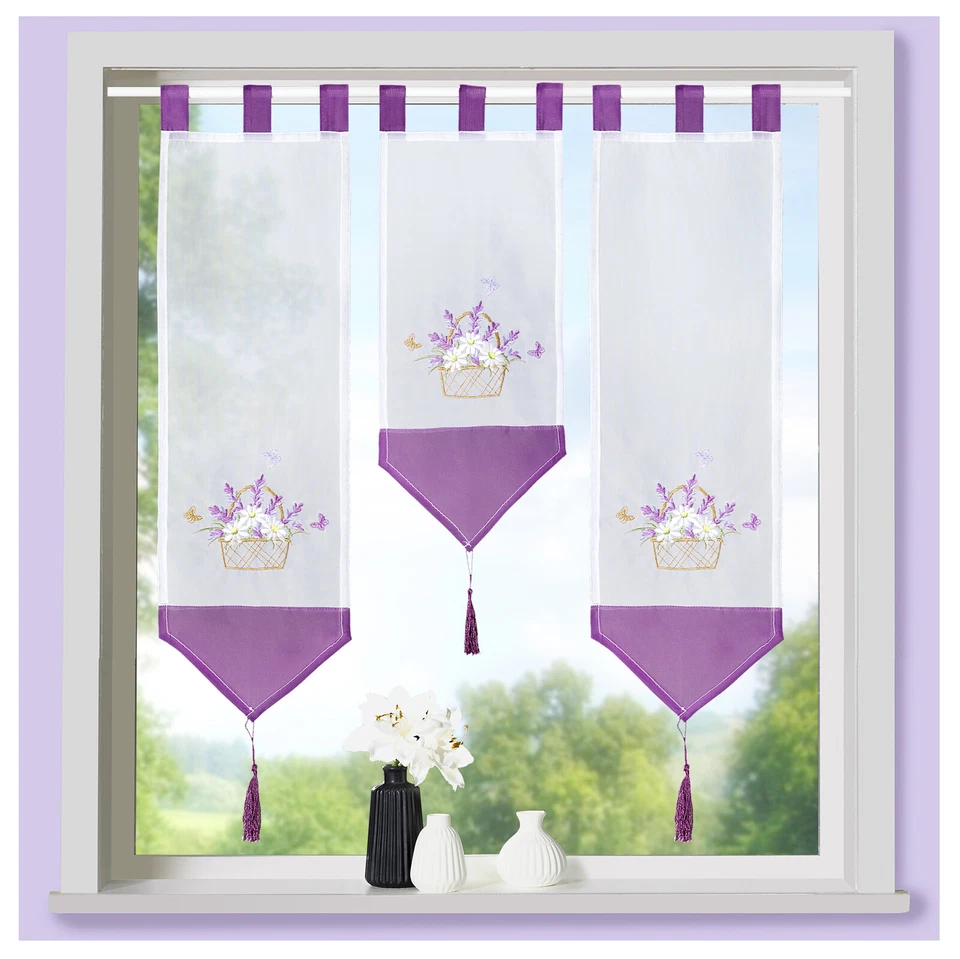 Scheibengardine Lamellen Set 3-tlg Bestickt Blume Pfau Schlaufen Gardine Typ710 - Bild 4 von 4