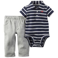 Carters Infant Boys 2-Piece Navy Blue Striped Polo Bodysuit  Pant Set 6m
