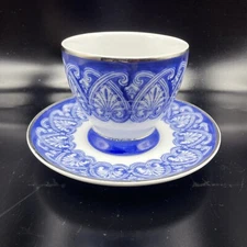 Bombay Co Cobalt Blue White Arabesque Tile Pattern Tea Cup & Saucer Silver Trim
