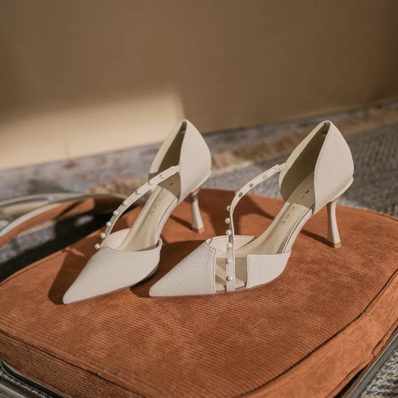 Zapatos de Salón Mujer Beis Perlas Cómodo 8CM Elegantes Piel Sintético 4625