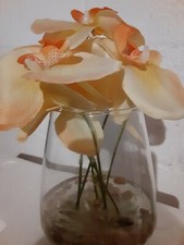 Silk phalaenopsis Orchid Artificial Flower in Glass Vase With Faux Water. peach