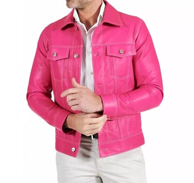 Men's Pink Trucker Jacket 100% Genuine Lambskin Leather Denim Shirt Style Jacket