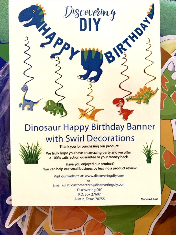 Banner de feliz cumpleaños de dinosaurio y remolino colgante decoraciones preensamblado Foto 2 de 4