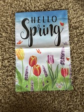Hello Spring Flowers 12x18 In Double Sided Garden Flag Burlap