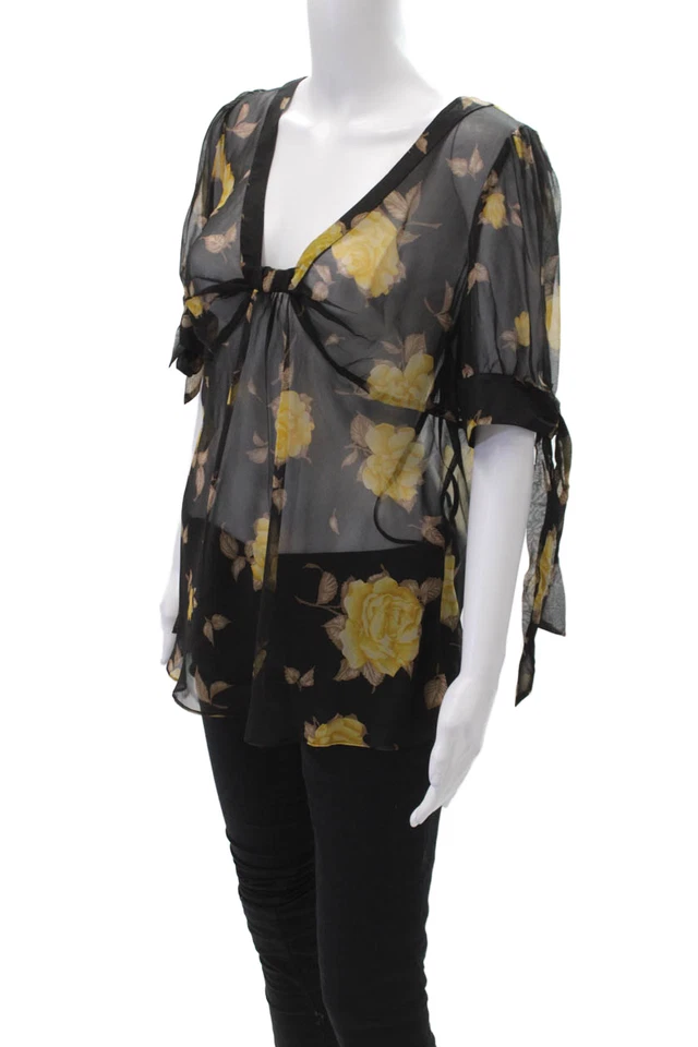 Blusa Odille Anthropologie Mujer Seda Estampado Floral Cuello en V Negra Amarilla Talla 14 Foto 2 de 4