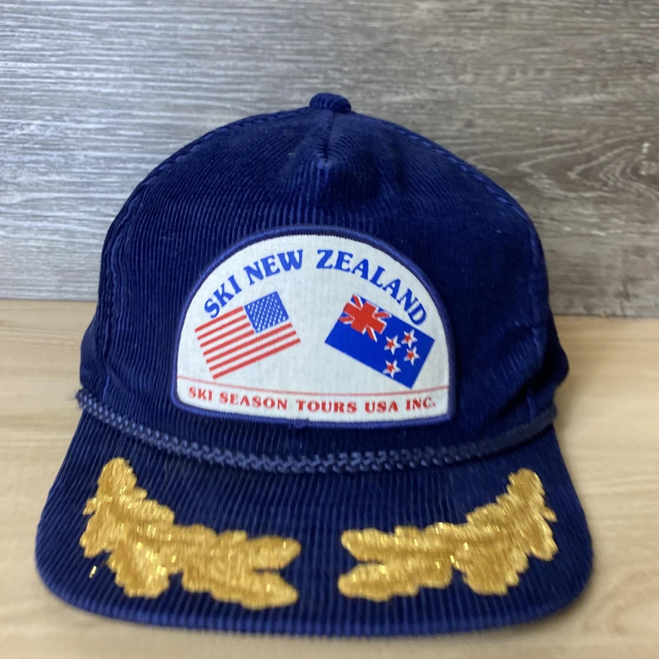 Винтажный лыж Новая Зеландия шляпа крышка Snap назад синий вельвет нашивка золотой лист мужской 80-х - Изображение 2 из 4