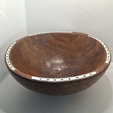 Hand Carved Solomon Islands Wooden Serving Bowl Inlaid Mother of Pearl Dolphins