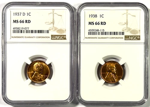 1937D & 1938 Lincoln Wheat Cents MS66RD NGC (2) Beautiful Coins!