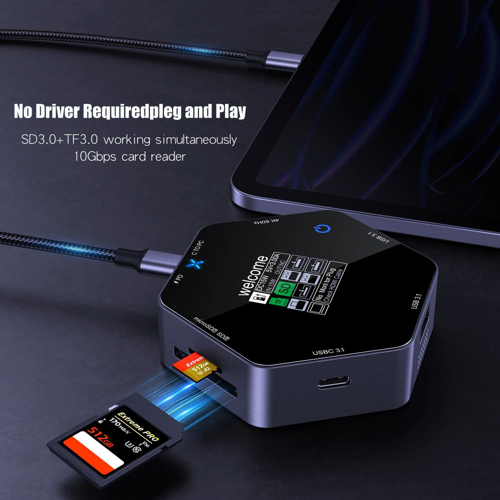 USB HUB Docking Station Type-C Smart Display 4K 60 Hdtv 8 in 1 Multi Port