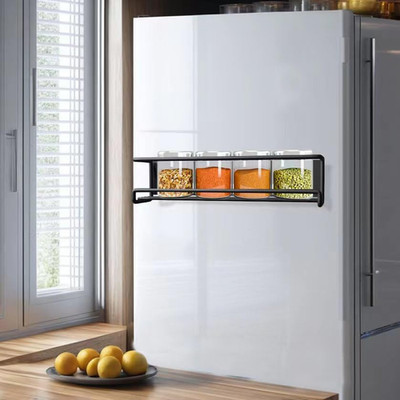 Magnetic Spice Rack with Jars for Refrigerator - Space Saving Organizer (Black)