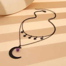 Women's Retro Gothic Black Crescent Star Tassel Pendant Layered Necklace Choker