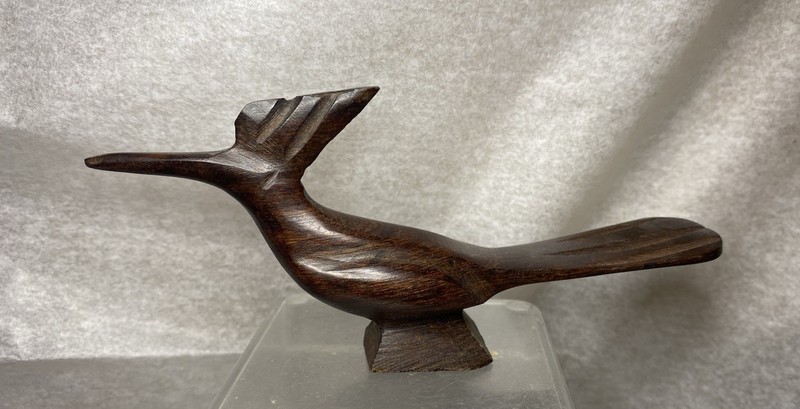 Wood Carved Figure. Roadrunner. Dark Wood, Unmarked