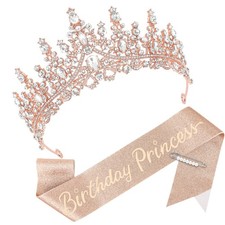 Princess Crown and Birthday Princess Sash, Birthday Tiara with Glitter Sash f...