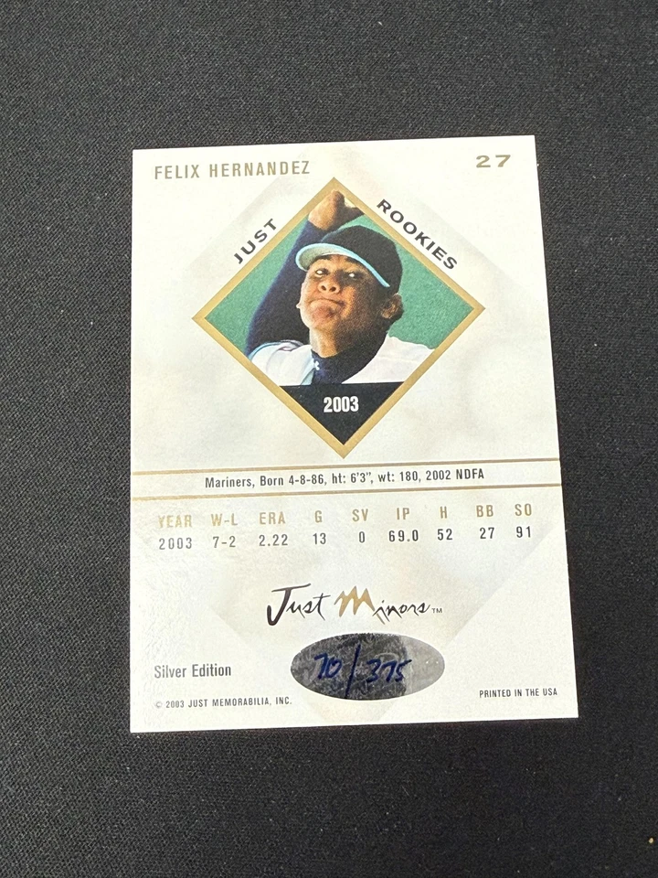 Felix Hernandez 2003 Just Minors Autographs /375 RC Mariners - Image 2 of 2