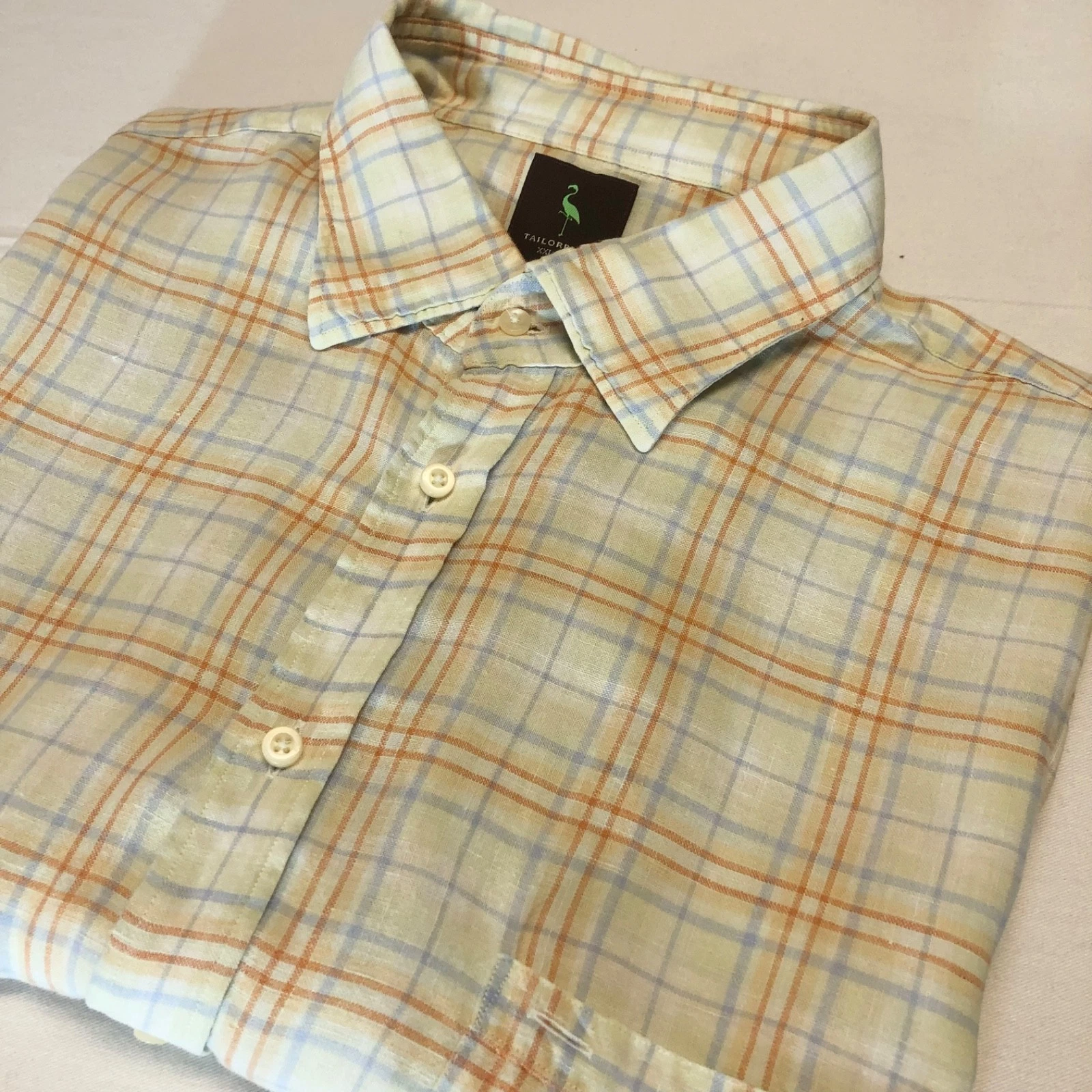 Tailorbyrd 100% Linen Shirt Men's XXL Blue/Orange Plaid, Light Base Short Sleeve