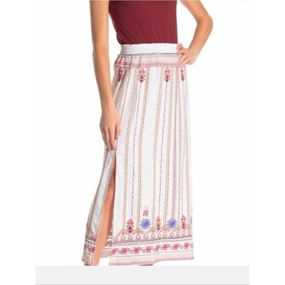 Johnny Was Los Angeles Frederique Embroidered Side Slit Linen White Maxi Skirt