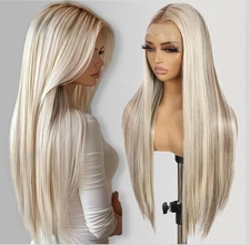 HD Front Lace Wig Human Hair Blend Highlights  Long Straight Blonde 