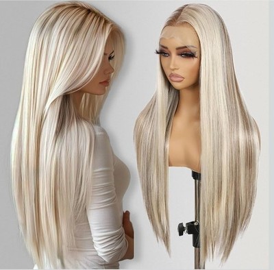 HD Front Lace Wig Human Hair Blend Highlights  Long Straight Blonde 