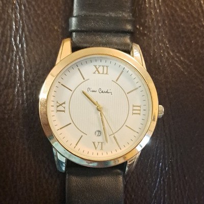 Pierre Cardin Men's Dress Wristwatch Gold Tone Roman Numerals Black Leather Band