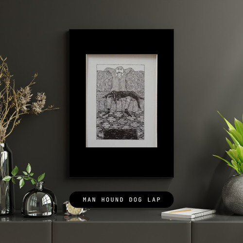 Edward Gorey Hound Dog Man Lap Pencil Drawing Art Print 5x7 Matted Unframed