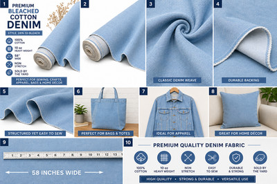 10 oz Bleached Cotton Denim Fabric 58  Wide Light Blue Sold By The Yard