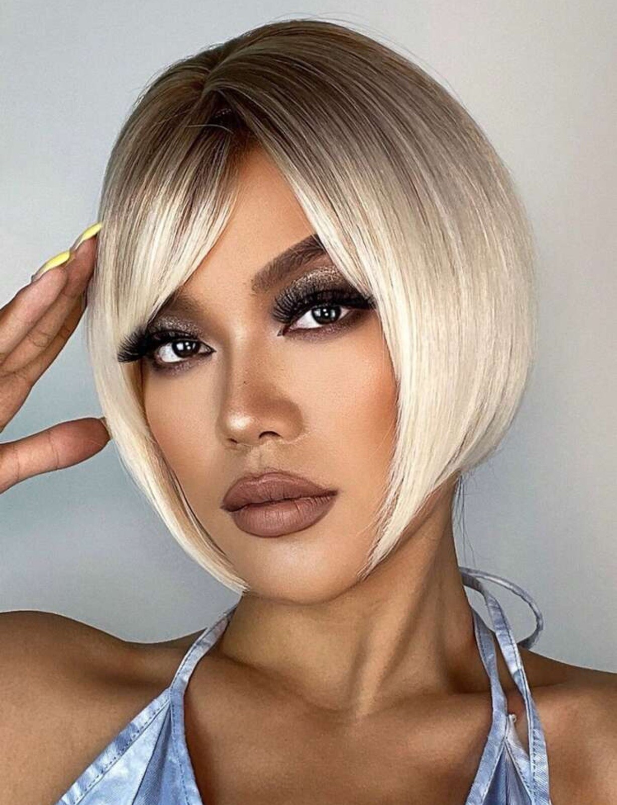 Perruque Synthétique Courte Blond Platine Wig Femme Frange Bonnet Coiffure Carré