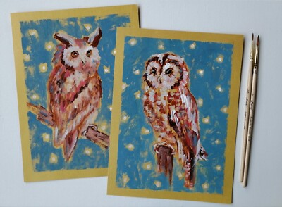 Set of Two Owl Original Painting on Gold Paper 5'' * 7'' Birds Christmas Gift