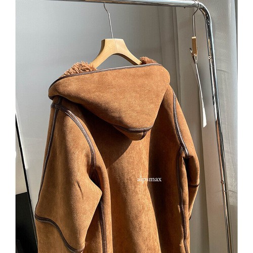 Womens Hood 100% Wool Long Coat Real Lamb Wool Shearling Fur Reversible Overcoat - Picture 3 of 25
