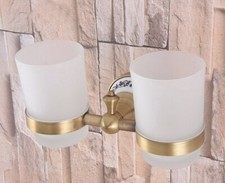 2 Scrub Glass Cup Bathroom Wall Mounted Antique Brass Toothbrush Holder 2ba781