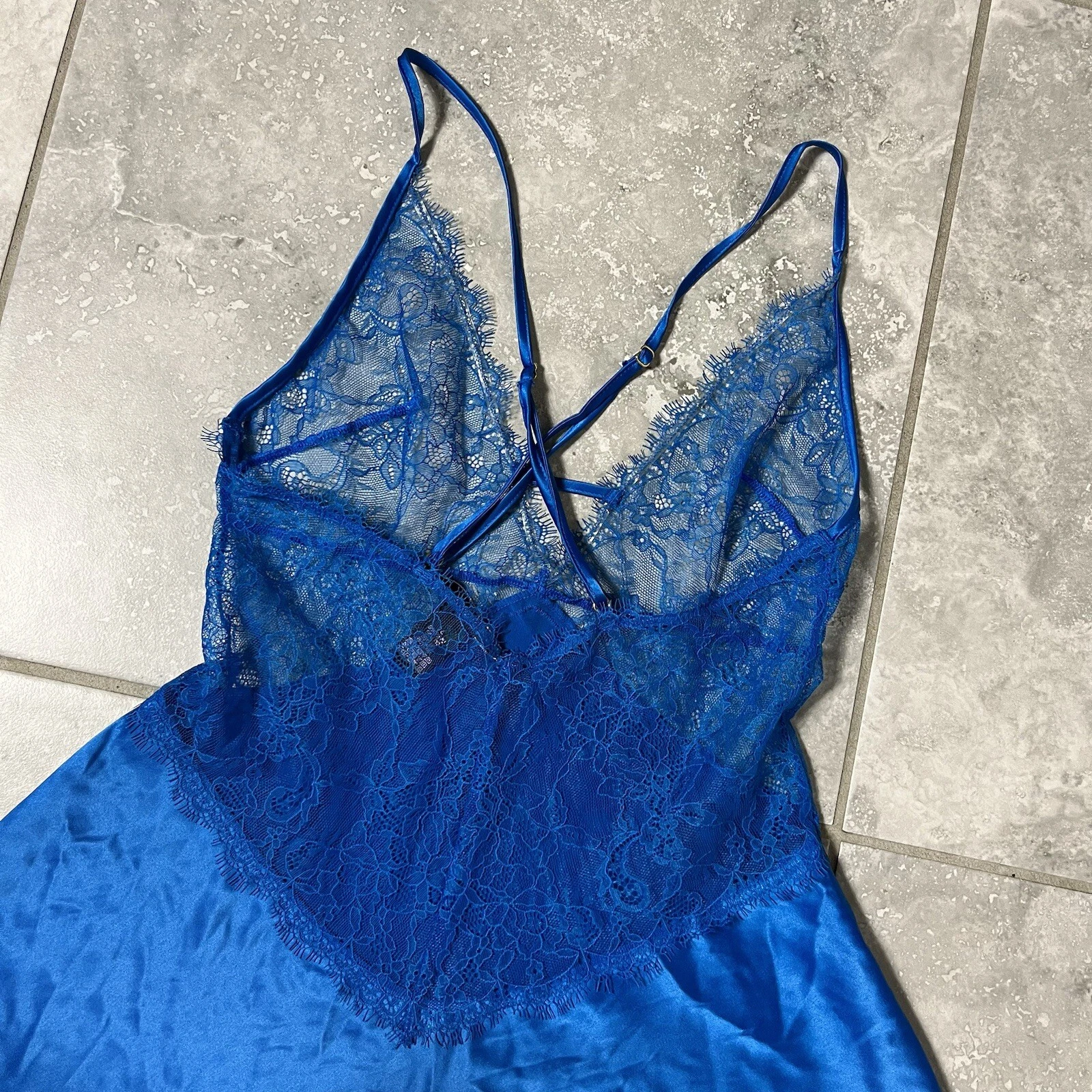 UNDERCOVER Victorias Secret Mini Abito Cami Slip Raso Liquido Pizzo Scollo V Fata Y2k Blu XS