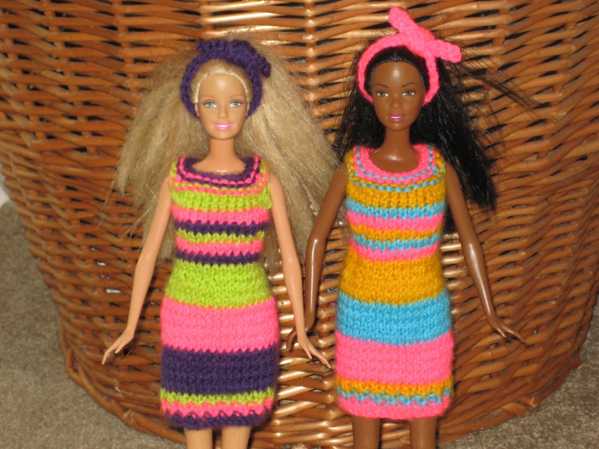 hand knitted Barbie doll clothes dresses hairbands TWO OUTFIT BUNDLE