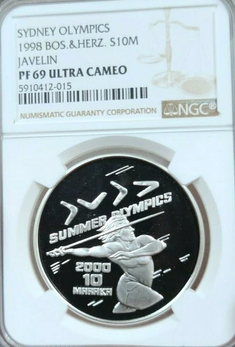 1998 BOSNIA & HERZEGOVINA SILVER 10 MARKA JAVELIN NGC PF 69 ULTRA CAMEO TOP POP