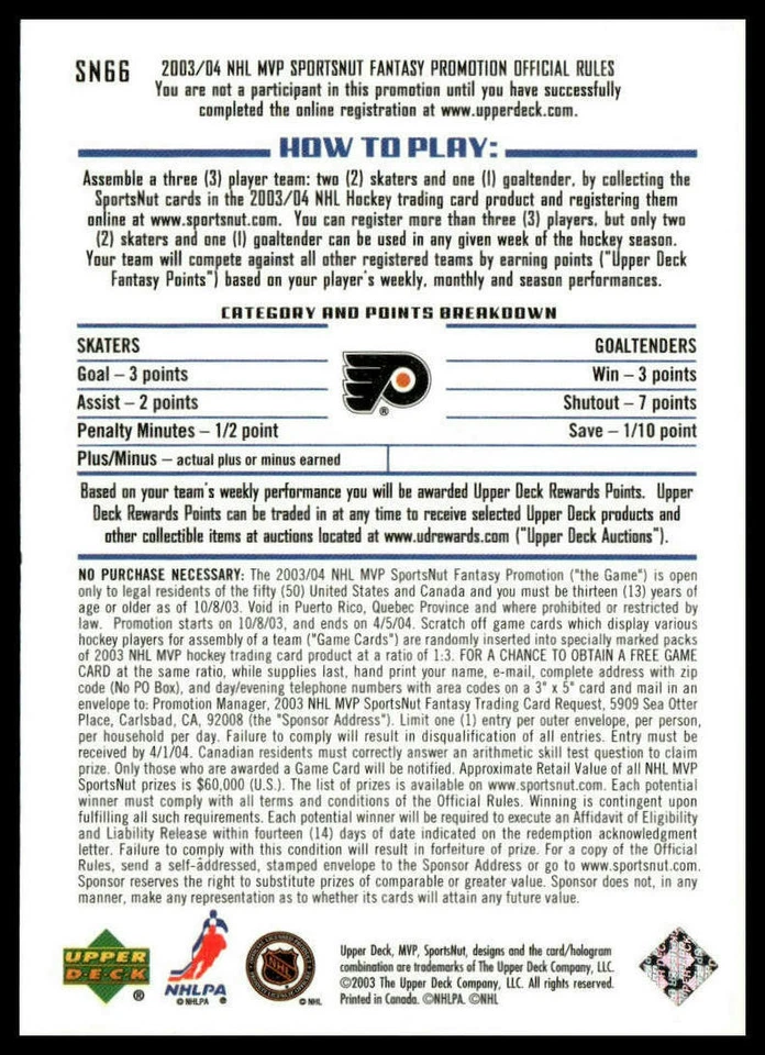 2003-04 Upper Deck MVP #SN66 John LeClair SportsNut - Image 2 of 2