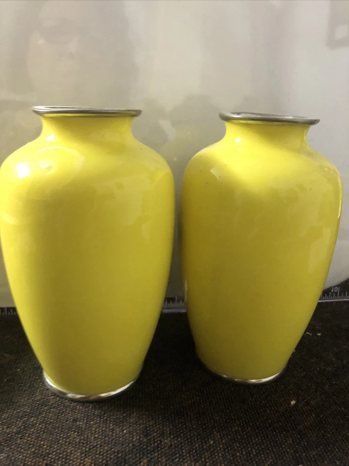 "Un par de jarrones vintage japoneses japoneses Sato Cloisonne - miniatura de 5"" - amarillo - rosas" Foto 3 de 4