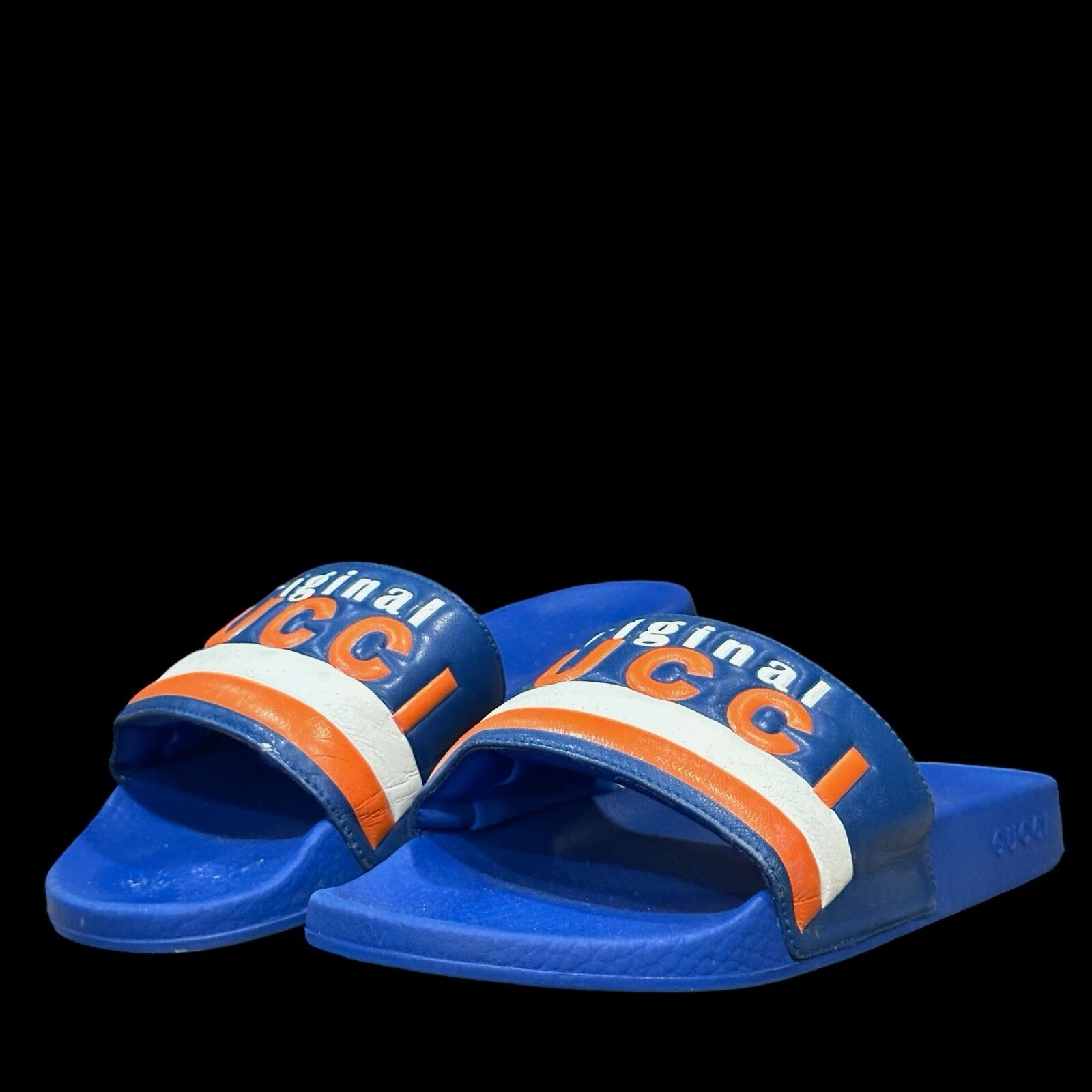 Toboggans de piscine GUCCI ORIGINAUX GUCCI pour hommes bleu orange blanc taille 8,5