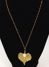 GOLD PLATED REAL COTTONWOOD HEART SHAPE LEAF+FRESH WATER PEARL CHAIN NECKLACE