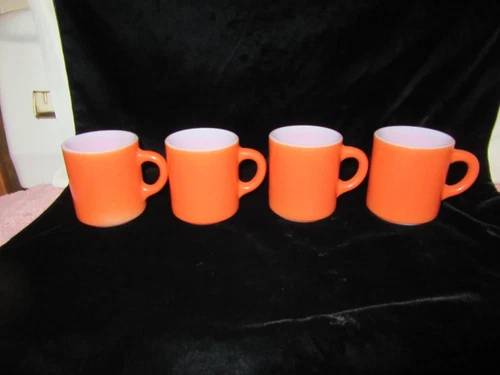 4 Vintage Hazel Atlas Bright Orange Milk Glass Cups / Mugs