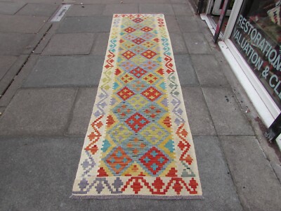 Vintage Kilim traditioneller handgefertigter orientalischer grüner Wollläufer 292x83cm