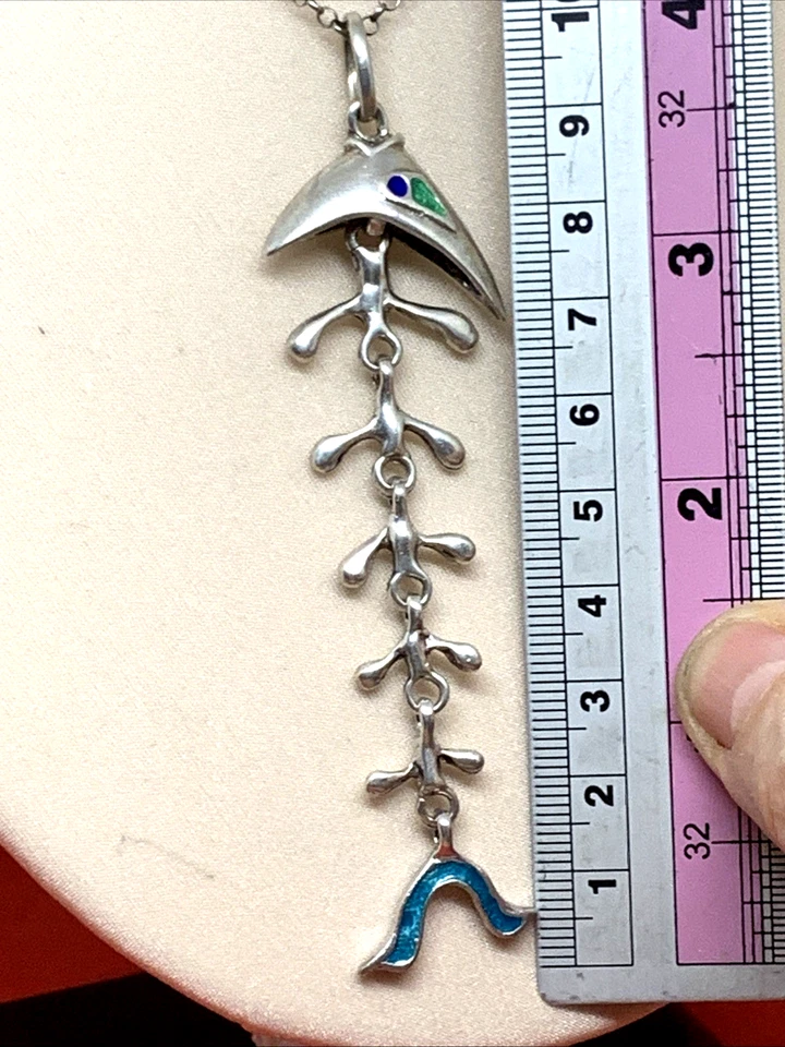 PENDENTE ANNI 70 LISCA DI PESCE IN ARGENTO 925 PUNZONATO E TRE COLORI DI SMALTO - Immagine 4 di 4