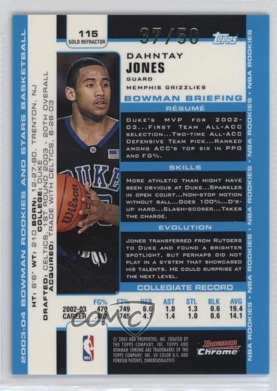 2003-04 Bowman Rookies & Stars Chrome Gold Refractor /50 Dahntay Jones #115 RC - Image 2 of 2