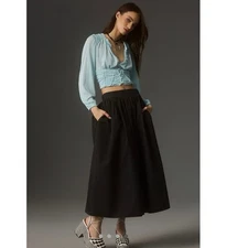 Anthropologie Blue Femme Ruched Cropped Long Sleeve Top Blouse Size Large