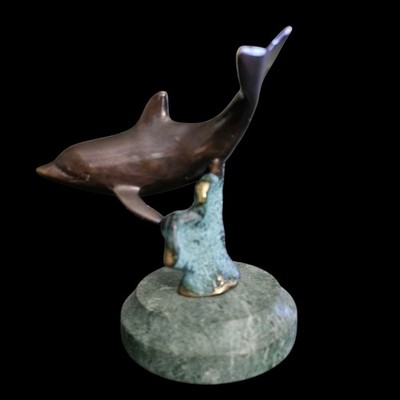 Vintage Brass Dolphin Sculpture on Green Marble Base Nautical Figurine