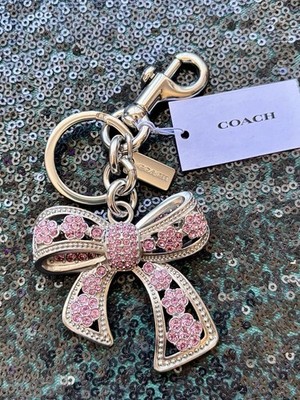 Authentic NWT COACH Pink Crystal Bow Bag Charm Keychain CEM83