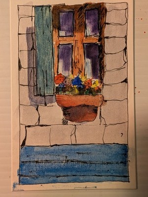 Watercolor Painting Window & Flower Box. Unframed.