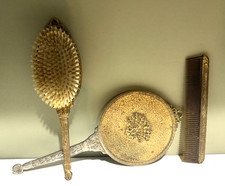 SET OF 3 Vintage Gold Tone Mirror, Brush, & Comb