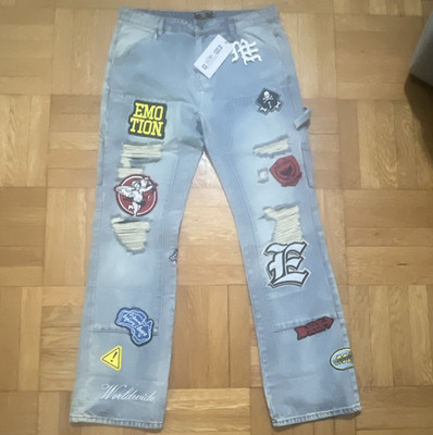 Mixed Emotion Men's Gray Light Wash Distressed Straight Jeans 5-Pocket Logo