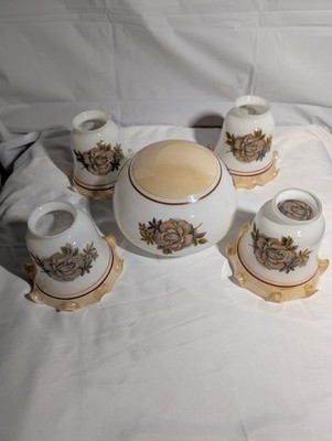 VTG Floral Lusterware Lamp B5 Piece Set Ruffled Edge Shades & Globe Cream & Gold