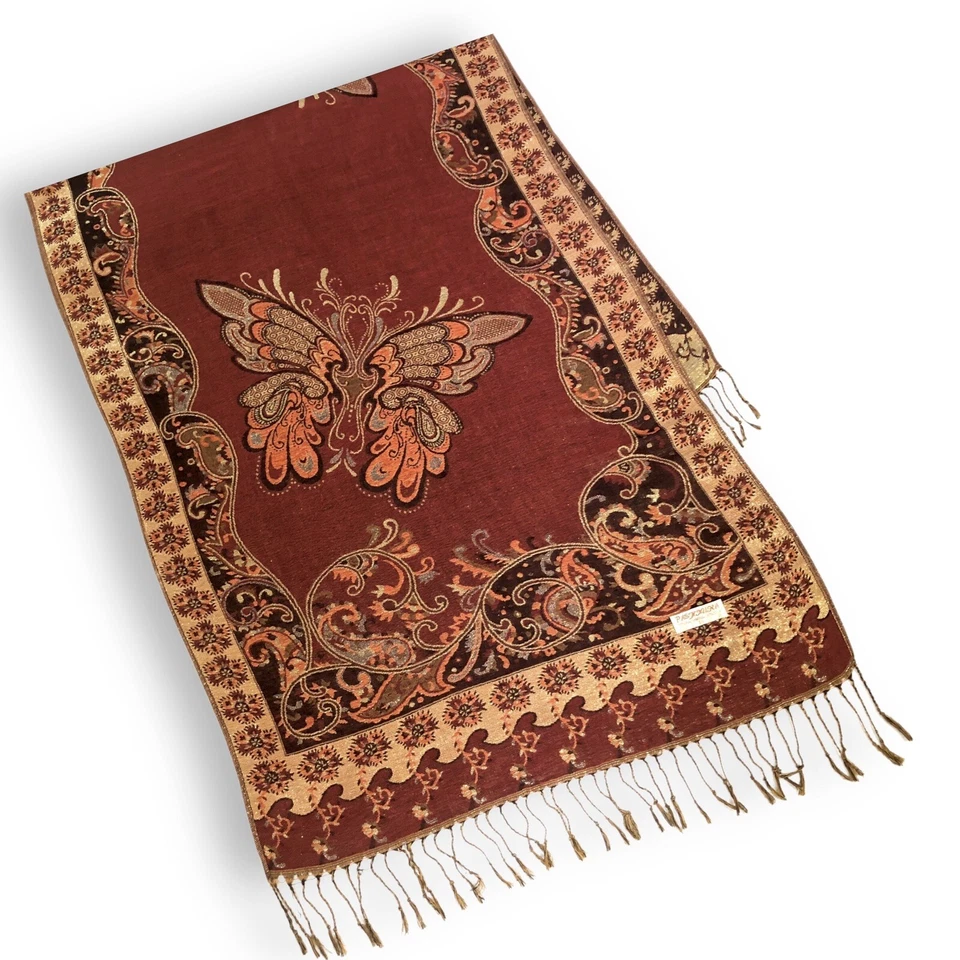 Indian Pashmina Shawl Wrap Scarf Floral Butterfly Gold Red Boho 74"x 27" NOTE* - Image 4 of 4